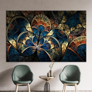 Puede incluir: Impresión de arte abstracto con un patrón de remolino de azulejos de mosaico azules, dorados y marrones. El diseño se asemeja a una flor estilizada o un mandala.