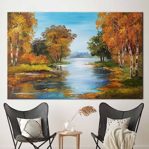 Lienzo de río otoñal, decoración de pared con paisaje otoñal, impresión de pintura de naturaleza apacible, lienzo de algodón con bosque de temporada, póster de pared de lago rústico