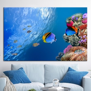 Decoración de pared con peces tropicales, arte de peces submarinos, impresión de paisaje marino, arte de lienzo con peces, arte azul, póster del océano, póster de paisaje oceánico