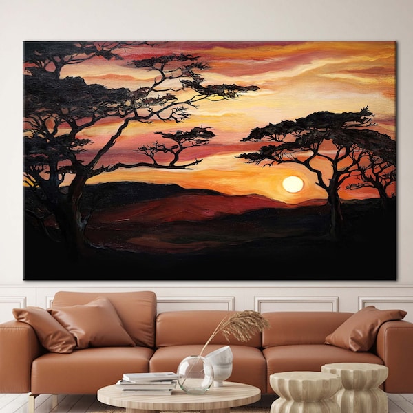 Savannah Tree Painting, Landscape Canvas, Nature View Artwork, View Artwork, Tree Landscape Wall Decor, African Sunset Canvas Art,