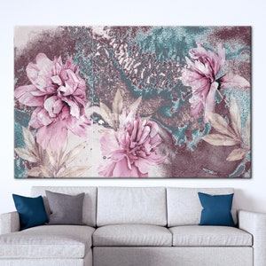 Arte floral abstracto en lienzo, decoración romántica de pared con flores rosas, elegante impresión en lienzo de algodón, póster de naturaleza moderna en tonos pastel, arte botánico para pared.