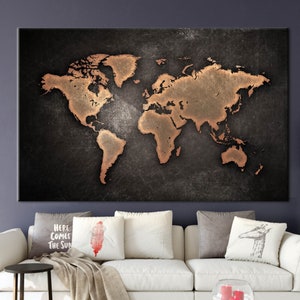 Mapa del mundo en lienzo, decoración rústica de pared metálica, póster de globo industrial, impresión en lienzo de algodón con mapa del mundo en bronce, arte mural de viajes moderno