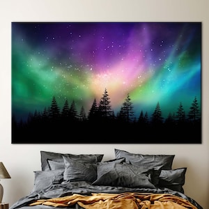Aurora boreal sobre un bosque de pinos, lienzo vibrante de auroras boreales para decoración moderna del hogar, arte de pared con cielo colorido.