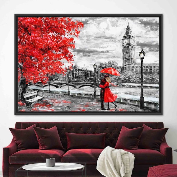 Modern Art Canvas, London Art, Umbrella Canvas Art, Red Umbrella Art, Landscape Art Canvas, Red Tree Canvas, Lovely Canvas Art,