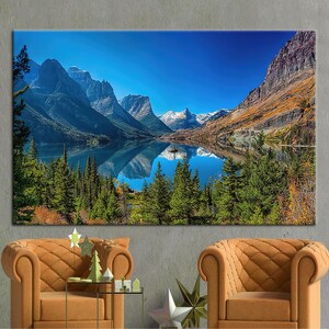 Lienzo decorativo del lago Santa María, impresión natural de la isla Wild Goose, póster de paisaje del Parque Nacional de Montana, decoración con vistas tranquilas a la montaña