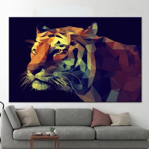 Lienzo de arte geométrico animal, lienzo de arte abstracto de tigre, póster abstracto, lienzo de arte de tigre, lienzo de arte animal, lienzo de arte de gran felino,