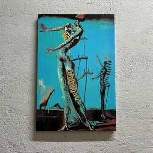 May include: Surrealist painting featuring two figures with elongated limbs. The figure on the left is a woman with a long, flowing dress and a series of drawers on her torso. The figure on the right is a man with a long, thin body and a series of arrows on his back. The background is a blue sky with clouds.