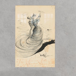 May include: A black and white line drawing of a woman in a swirling dress. The drawing is on cream-coloured paper with a handwritten note in red ink at the bottom.