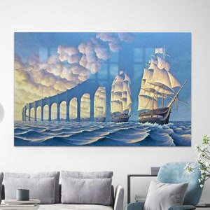 Modern Glass Printing, Surreal Art Decor, Bridge Made of Sky Tempered Glass, Ship Glass Decor, Grandma Gift Personalized,
