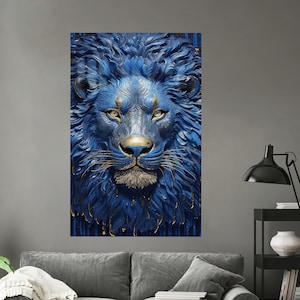 Gift For The Home, Blue Lion Glass Decor, Animal Glass, Framed Wall Art, King Wall Decoration, Abstract Glass Wall Art,Glass Wall Art