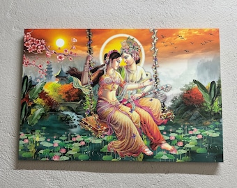 Impressão de pintura de Radha Krishna, tela hindu, impressão em tela de Radha Krishna, arte de reprodução, pôster de tela indiano, tela 3D de presente hindu,
