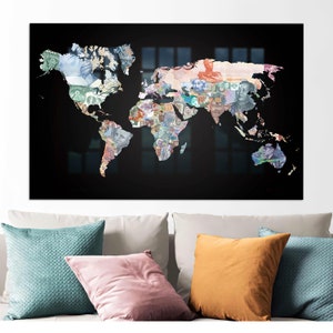 Decoração de arte de mapa, Impressão de vidro de mapa mundial de dinheiro, Decoração de cozinha, Decoração de parede preta, Parede de vidro de escritório, Arte em vidro personalizada, Arte moderna,