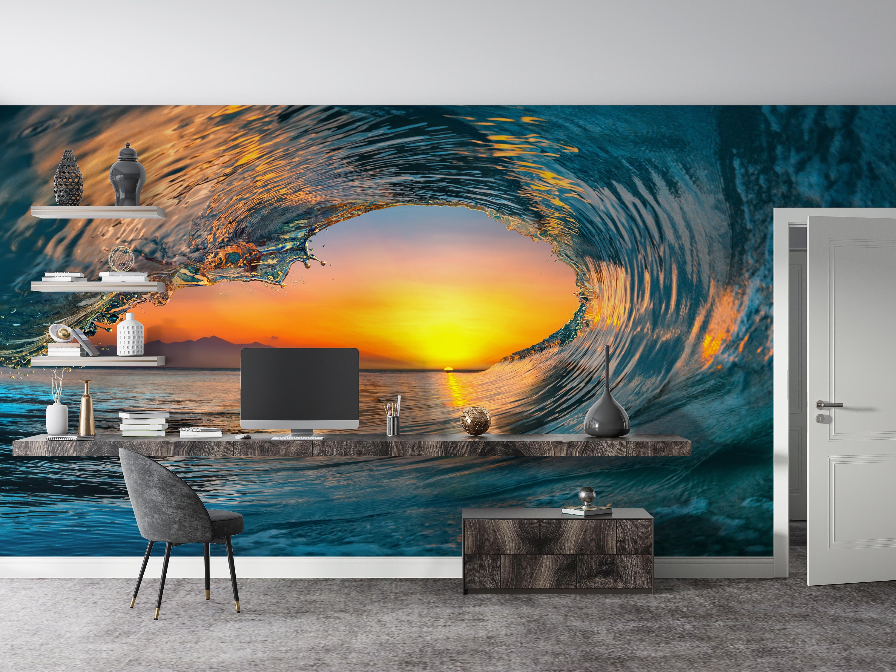 Sunset Ocean Waves 3D Tropical Landscape Wall Mural – 157"x110" Silk Fabric Panoramic Wallpaper, Orange/Gold, Pre-Cut Panels For Easy DIY (Glue Not Included)