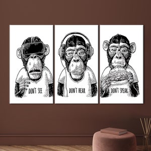 Three Wise Monkey Canvas Art, Drawing Monkey Artwork, Monkey Printed, Animal Canvas, Abstract Monkey Art,