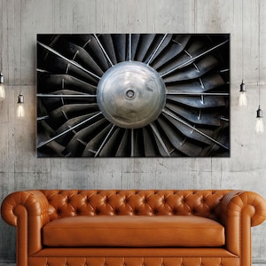 Canvastavla med jetmotorfläkt, närbild av industriell turbin, modern mekanisk textur för väggdekor på kontoret eller i garaget