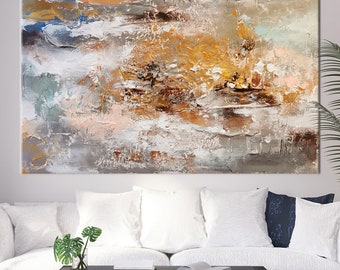 Getextureerde gouden abstracte canvaskunst, modern paletmesschilderij, luxe neutraal muurdecor, metallic hedendaagse kunstwerken
