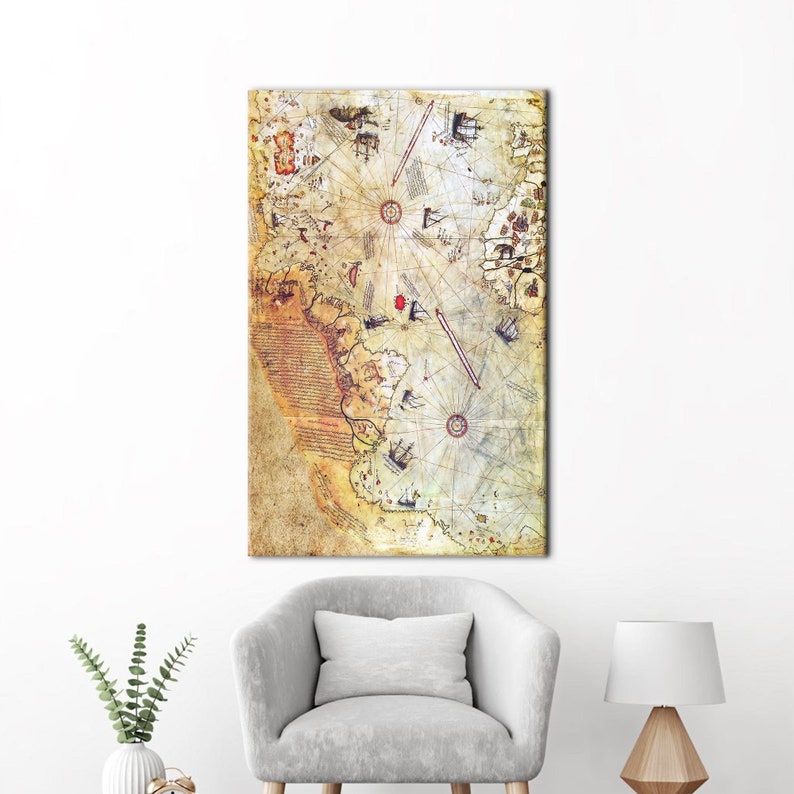 Piri Reis Map, Trendy Wall Decor, Map Artwork, Antique Map Wall Art, Vintage Map Poster, Piri Reis Wall Decor, World Map Canvas Art, Gallery Wrapped