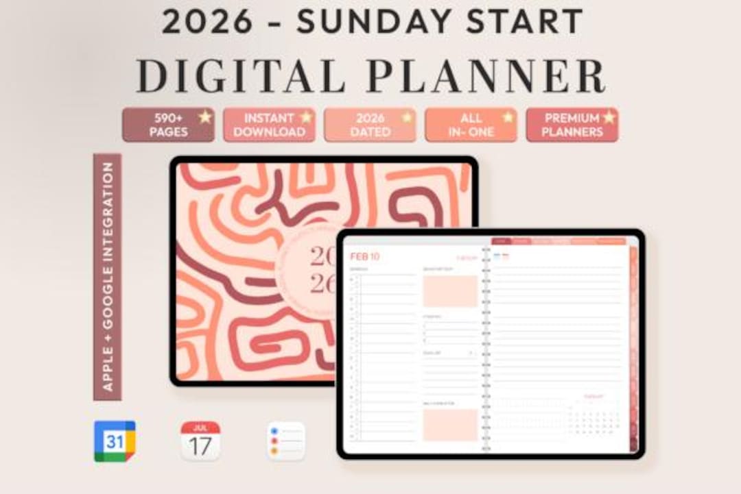 2026 Coral Digital Planner Sunday Start | Landscape Hyperlinked iPad ...