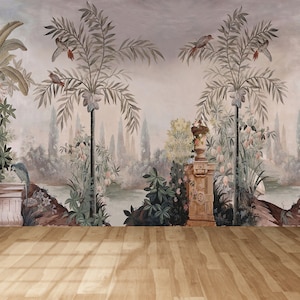Panorama-Wanddekor, Landschaftswandmalerei, Vogelgarten-Wanddruck, botanische Wandkunst, Tapete, botanische Landschaftswand,