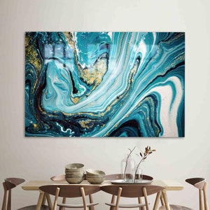 Glass Art, Wall Decor, Tempered Glass, Abstract Marble Glass Wall Art, Gold Marble Wall Decor, Blue And Gold Glass Decor,