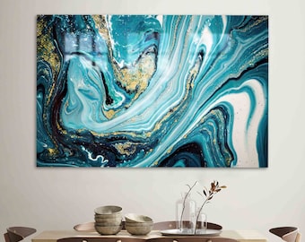 May include: Abstract art print featuring swirling blue and white marble with gold accents. The print has a modern and contemporary style.