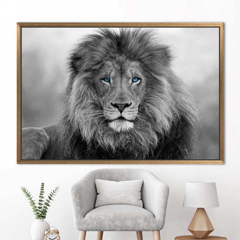 Blau gemusterter Löwe Wandbild, Tierleinwand Kunst, Wildtier Wandkunst, Loft Wandkunst, Wildtier Leinwand, Löwe-Wand-Dekor, Wilde Löwen-Wandkunst, Bild 9
