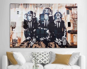 Muurkunst, glaskunst, gehard glas, Banksy Three Wise Monkeys, Three Wise Monkey muurdecoratie, Banksy Glass Art, abstract muurdecoratie,