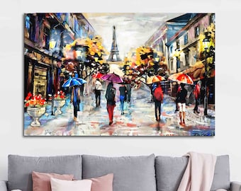May include: A colorful painting of a Parisian street scene with people walking under umbrellas in the rain. The Eiffel Tower is visible in the background.