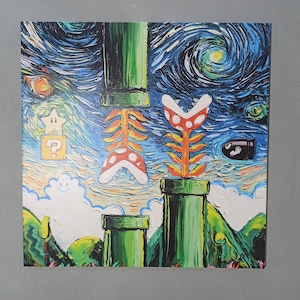 Mario-schilderij in Van Gogh-stijl, moderne muurkunst, muurdecoratie gamingkamer, muurkunst Super Mario World, muurdecoratie sterrennacht, moderne muurkunst,