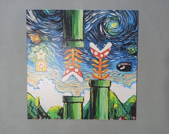 Van Gogh Style Mario Painting, Modern Wall Art, Gaming Room Wall Decor, Super Mario World Wall Art, Starry Night Wall Decor,