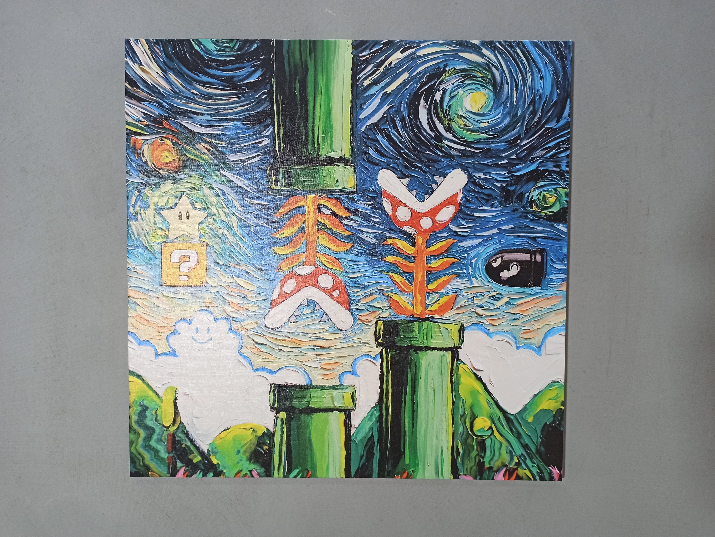 ゴッホ風マリオの絵画、モダンな壁アート、ゲームルームの壁飾り