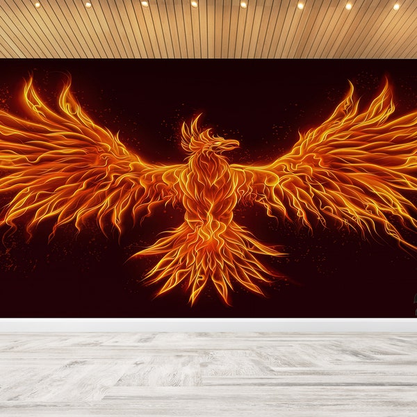 Orange And Black Wall Paper, Phoenix Bird Wall Paper, Abstract Phoenix Wall Mural, Illustration Wall Print, Abstract Wall Mural,