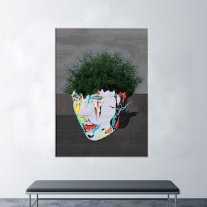 May include: A colourful abstract portrait of a person with a green bush growing out of their head. The background is a dark grey.