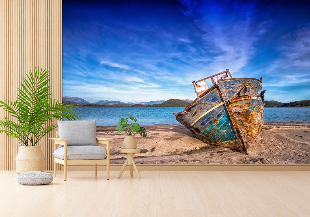 Old Boat on the Beach Wall Art, Boat Landscape Wall Paper, Boat Wall ...