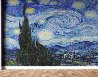 Reproducción de mural, pintura mural de Vincent Van Gogh, pintura mural de La noche estrellada, impresión de pintura al óleo, arte mural famoso,