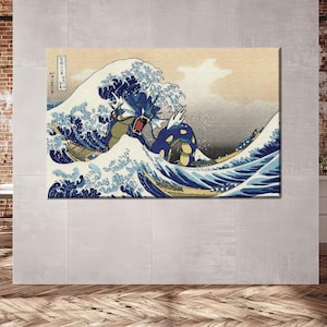 Arte de pared en lienzo de la ola de Gyarados, póster japonés de la gran ola, impresión de monstruo oceánico estilo anime para gamers, otakus o decoración de cultura pop.