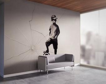 Street Mural, Banksy Wall Paper, Banksy Boy Wall Print, Ball And Boy Wallpaper, Boy Ball Stencil Wall Print, Graffiti Wall Poster,