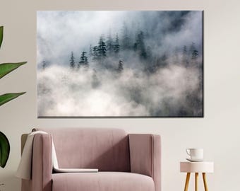 Misty Pine Forest Canvas Wall Art, Foggy Landscape Nature Poster, Monochrome Tree Scene Print for Calm, Minimalist or Nordic Decor