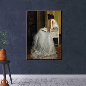 Elegant Lady Reading Canvas Wall Art, Vintage Victorian Woman Poster, Romantic Classic Painting Print for Bedroom or Study Decor
