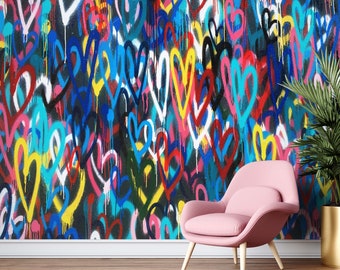 Banksy Love Hearts Wall Paper, Banksy Colorful Hearts Wall Mural, Colorful Wall Art, Graffiti Wall Poster, Multicolor Mural,