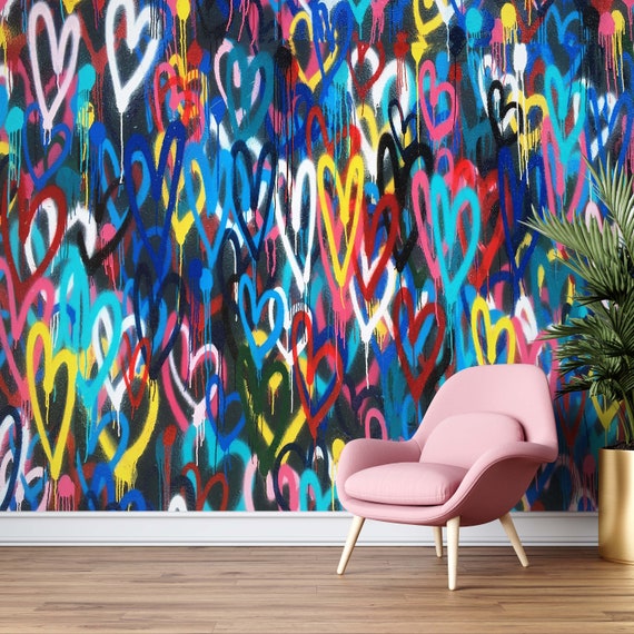 Banksy Love Hearts Wall Paper, Banksy Colorful Hearts Wall Mural, Colorful Wall Art, Graffiti Wall Poster, Multicolor Mural,