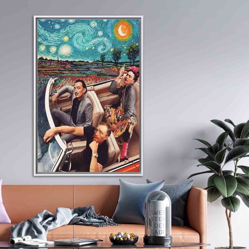 May include: A painting of three famous artists, Frida Kahlo, Vincent van Gogh, and Salvador Dal&iacute;, riding in a convertible car against a backdrop of a starry night sky. The car is red and white, and the sky is blue with yellow stars.