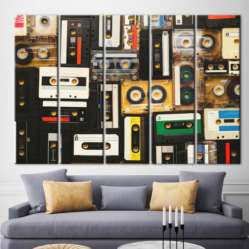 Music Art, Tapes Printed, Cassette Canvas, Old Cassette Printed, Retro Wall Art, Vintage Cassette Art Canvas, Vintage Canvas, 5P: Gallery Wrapped