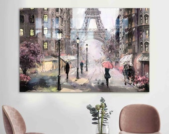 May include: A painting of a Parisian street scene with the Eiffel Tower in the background. The street is lined with buildings and trees, and there are people walking under umbrellas. The painting is done in a painterly style with a soft, muted color palette.