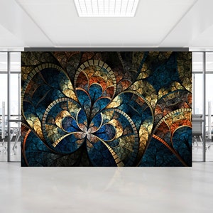 May include: Abstract wall mural with a swirling pattern of blue, gold, and brown mosaic tiles. The design resembles a stylized flower.