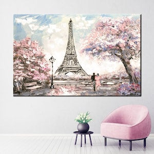 Lienzo romántico de París, decoración de pared con la Torre Eiffel y el amor en primavera, póster de ciudad con flores en tonos pastel, impresión en lienzo de algodón de una pareja caminando, arte suave de París.