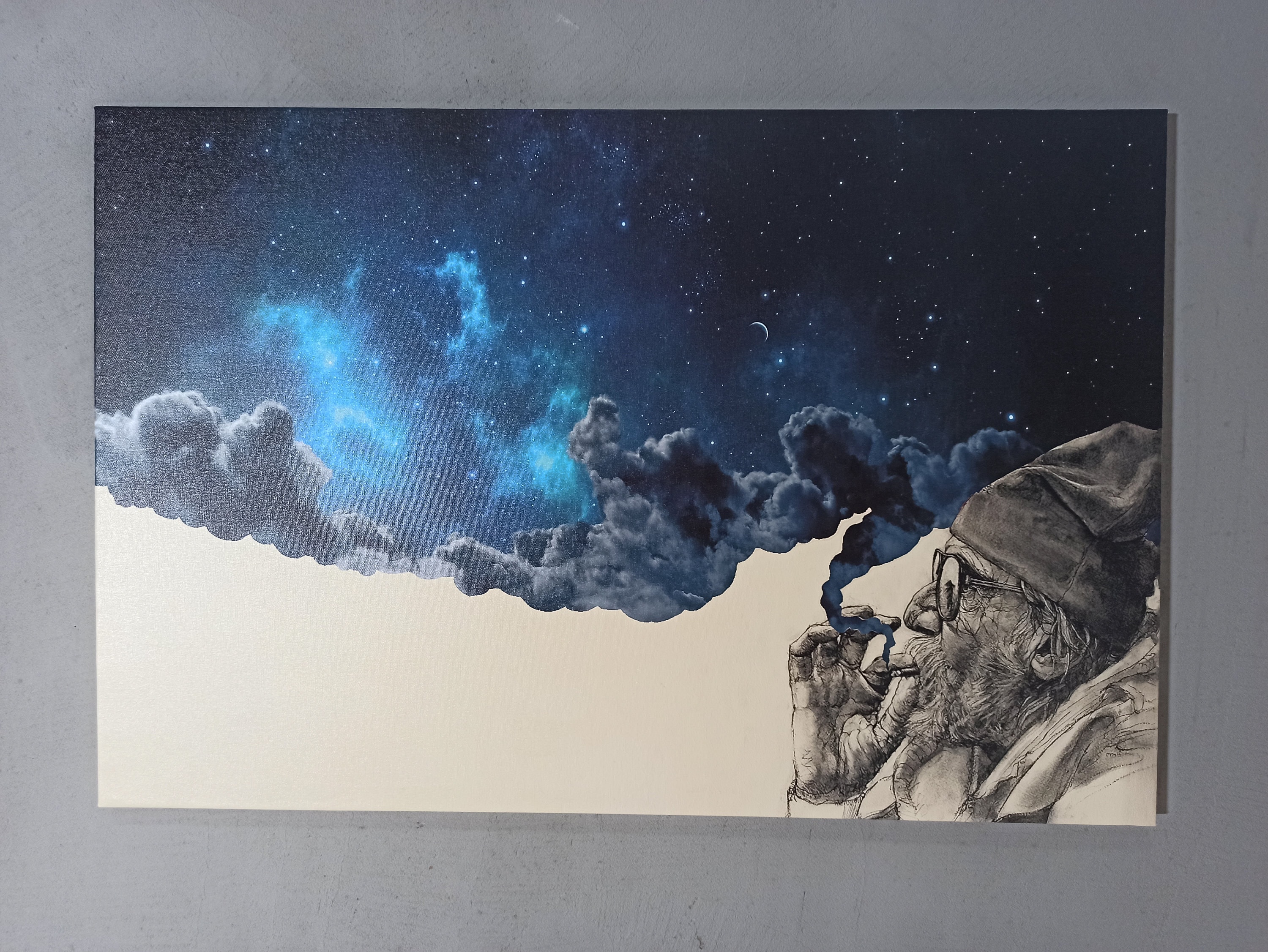 Smoking Out in Space Printed, Space Poster, Surreal Artwork, Smoking Old Man Wall Art, Modern Canvas Art, Abstract Wall Decor,