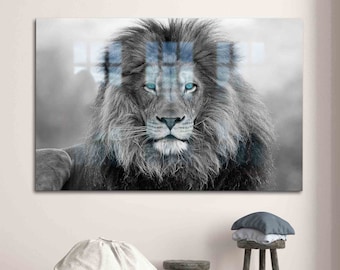 Glaskunst, Glaswandkunst, Wanddekoration, blauäugiger Löwe-Wandkunst, Löwe-Glasdekor, Loftglas, wilde Löwe-Glaswandkunst,