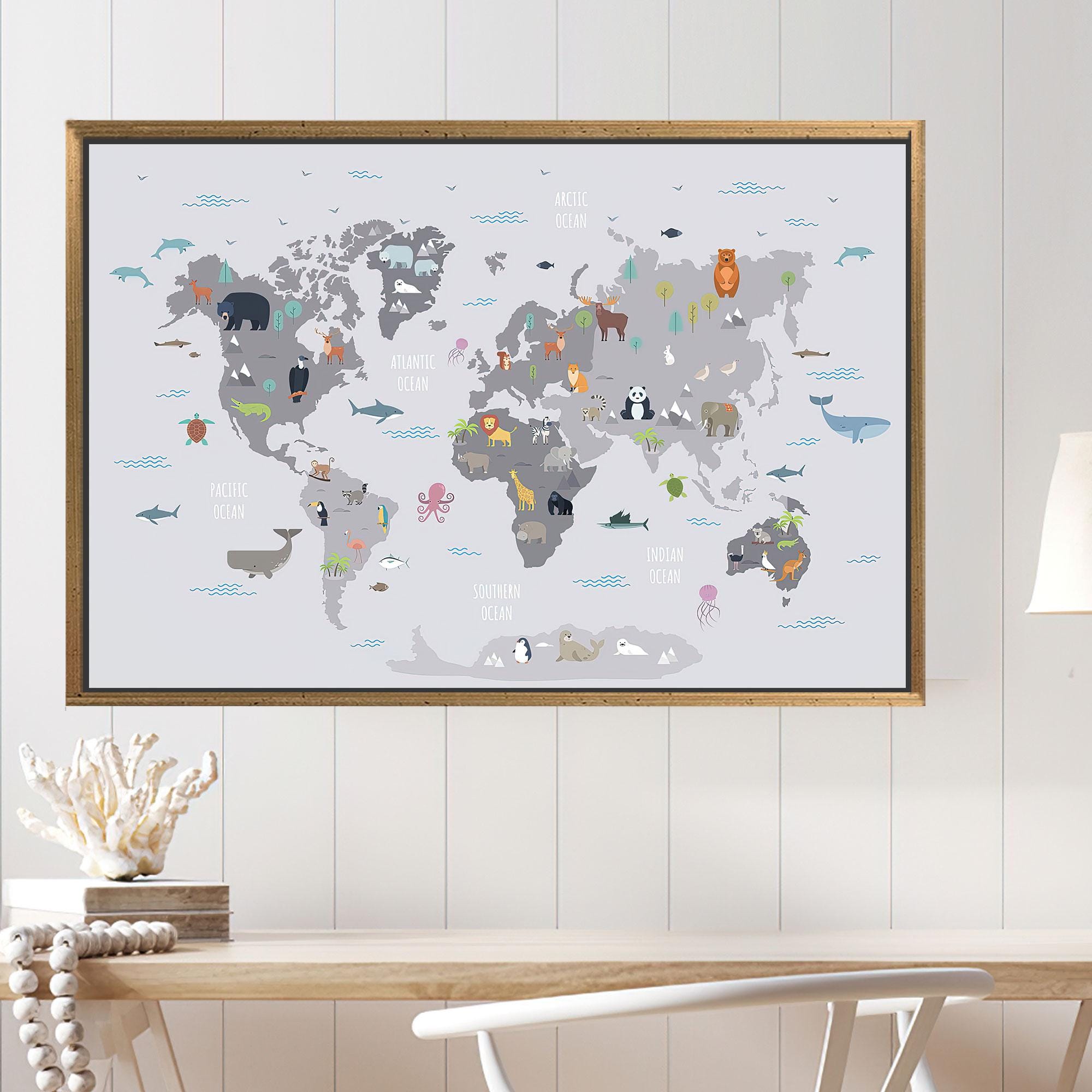 動物が描かれた世界地図の壁飾り、世界地図プリント、子供用地図 