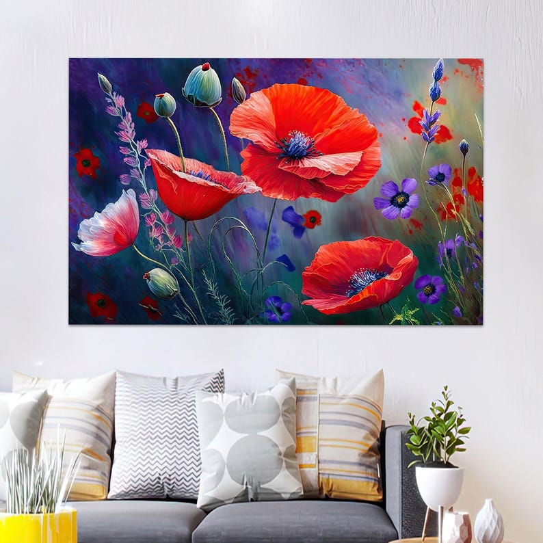 Poppy Wall Hanging, Red Poppy Glass Printing, Red Flower Wall Decor